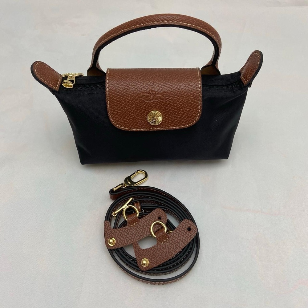 Longchamp Black Mini Top-Handle Bag with Brown Trim - Picture 1 of 4